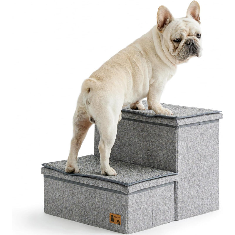 Tucker Murphy Pet Dog Stairs For Large Dogs Heavy Loaded Foldable Pet Stairs Up To 200Lbs With Detachable Mats Storage 2 Tiers Dog Steps For Bed And Couch Beige Wayfair